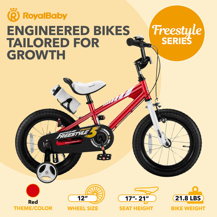 RoyalBaby Freestyle Outdoor Kid's Bicycle with Training Wheels, 12 Inch, Red - VMInnovations
