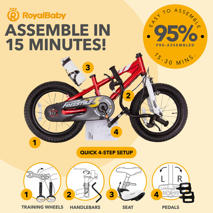 RoyalBaby Freestyle Outdoor Kid's Bicycle with Training Wheels, 12 Inch, Red - VMInnovations