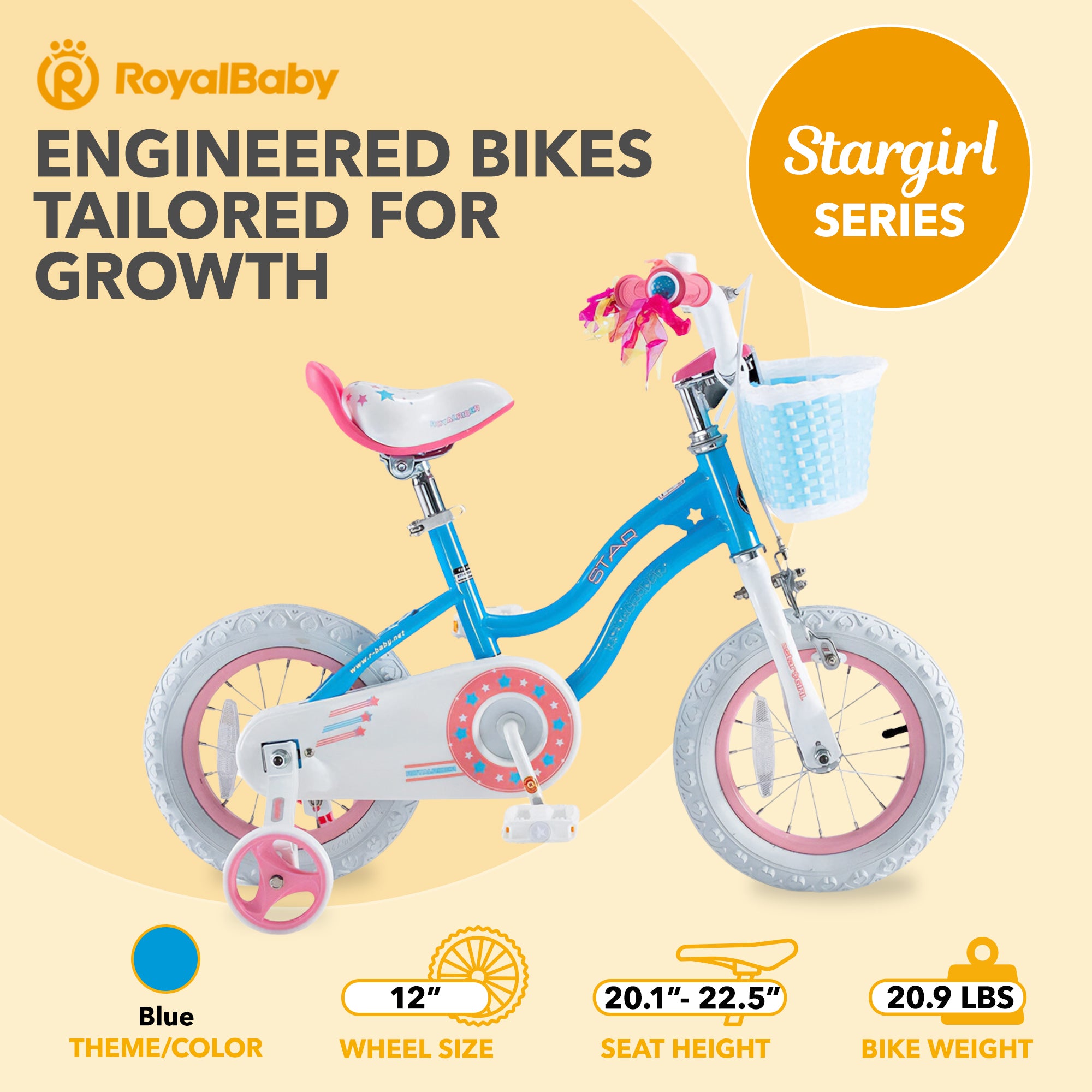 RoyalBaby Stargirl Children's Outdoor Bicycle 12 Inch with Training Wheels, Blue - VMInnovations