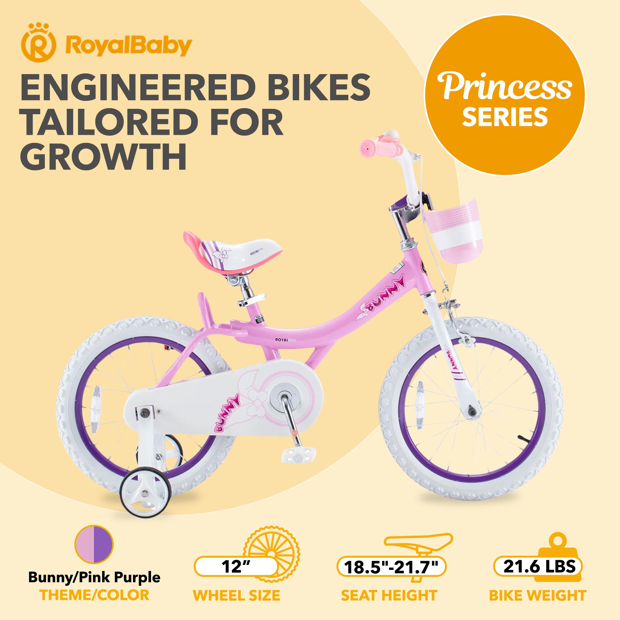 RoyalBaby Princess Kids Bicycle 12" w/Training Wheels, Pink/Purple (Open Box) - VMInnovations