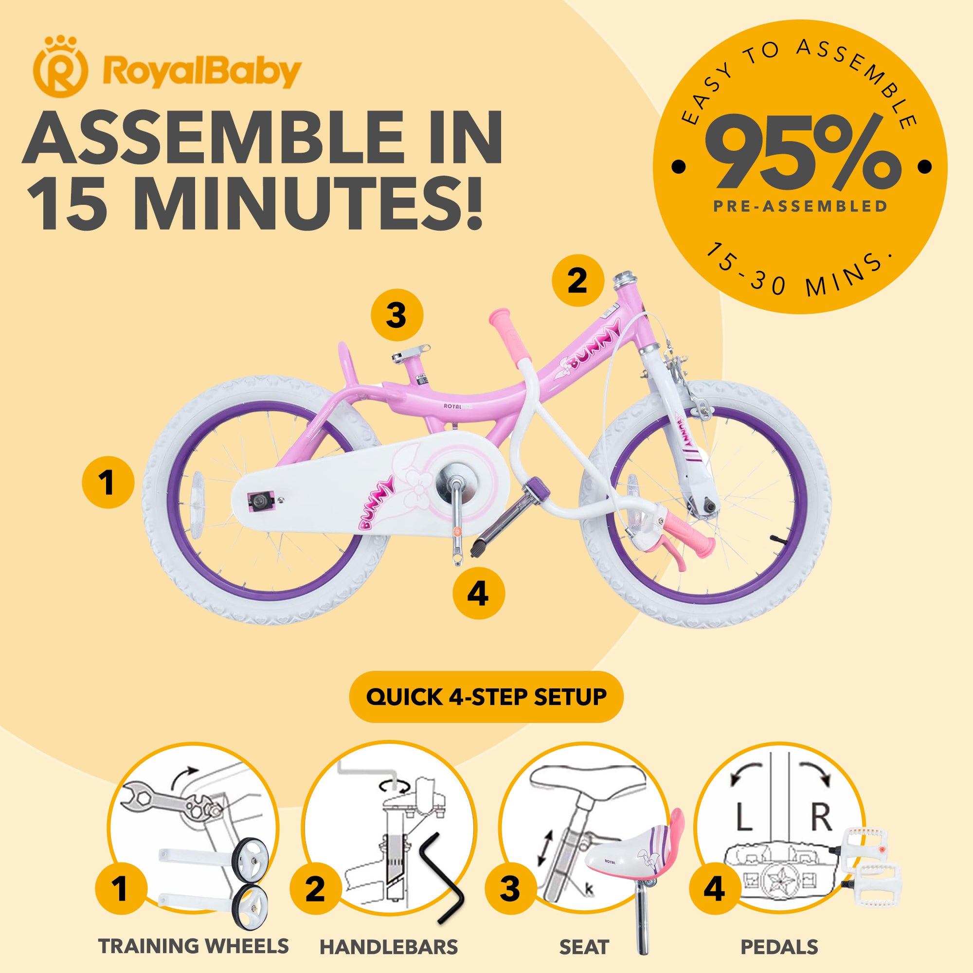 RoyalBaby Princess Kids Bicycle 12" w/Training Wheels, Pink/Purple (Open Box) - VMInnovations