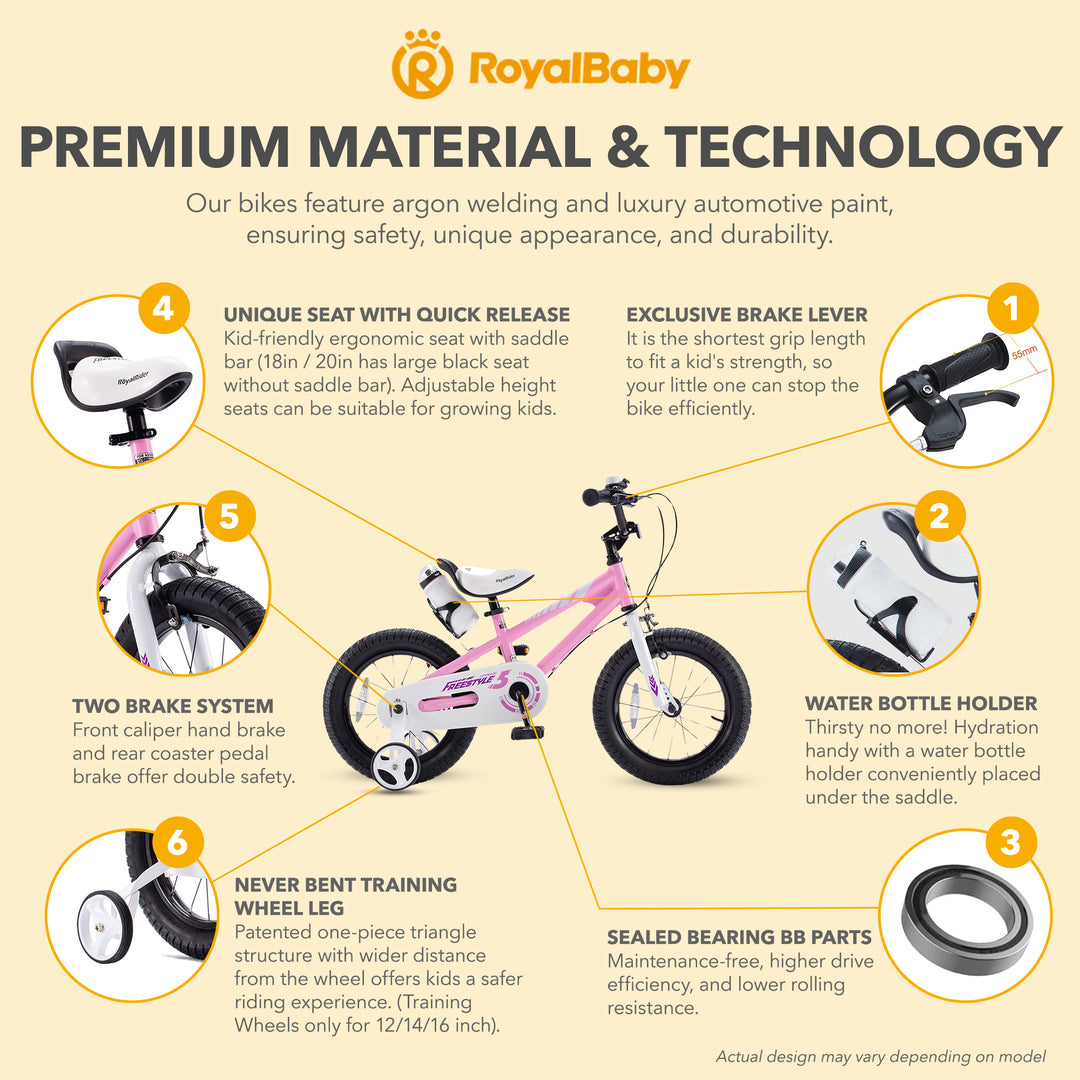 RoyalBaby Freestyle Outdoor Kid's Bicycle with Training Wheels, 12 Inch, Pink - VMInnovations