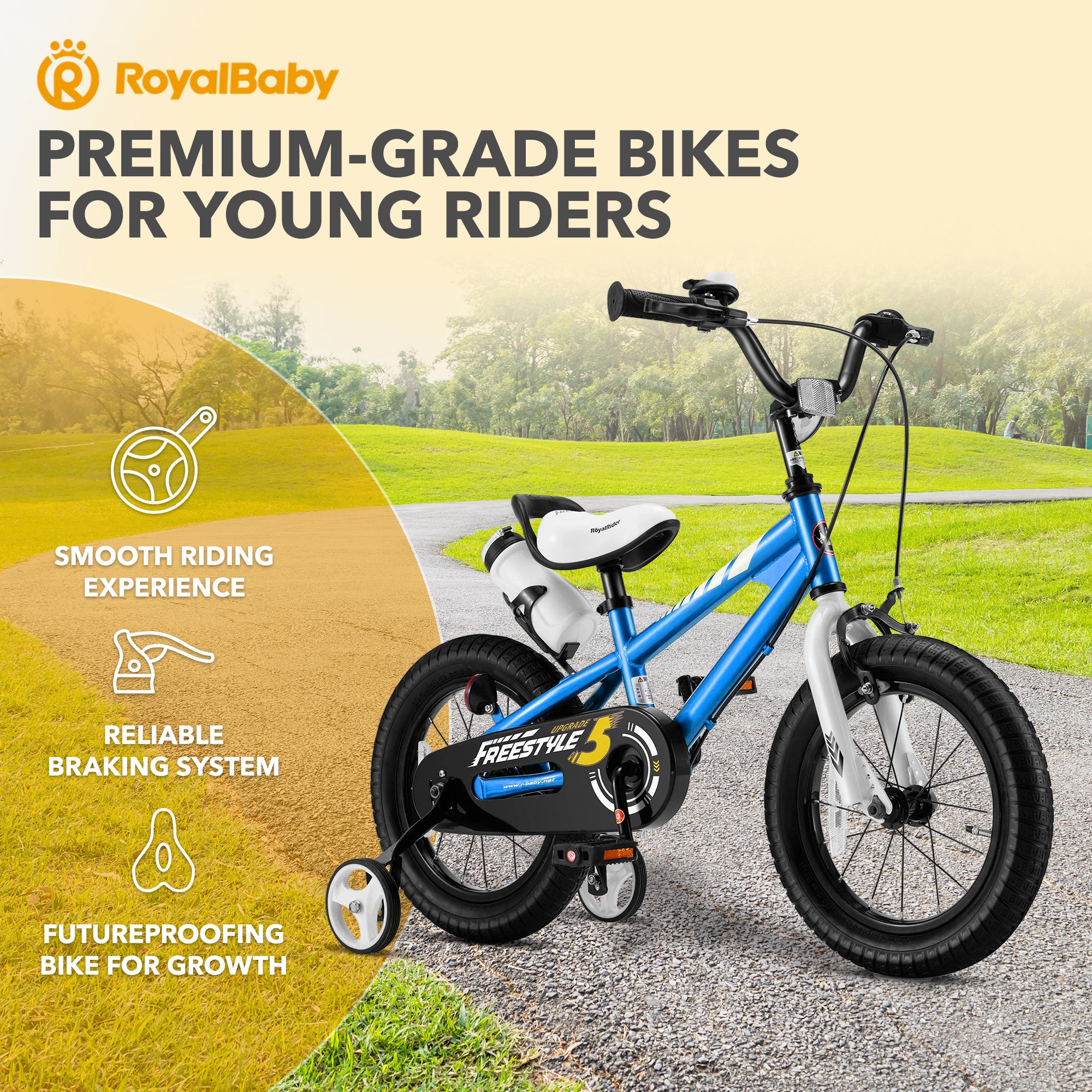 RoyalBaby Freestyle Outdoor Kid's Bicycle with Training Wheels, 14 Inch, Blue