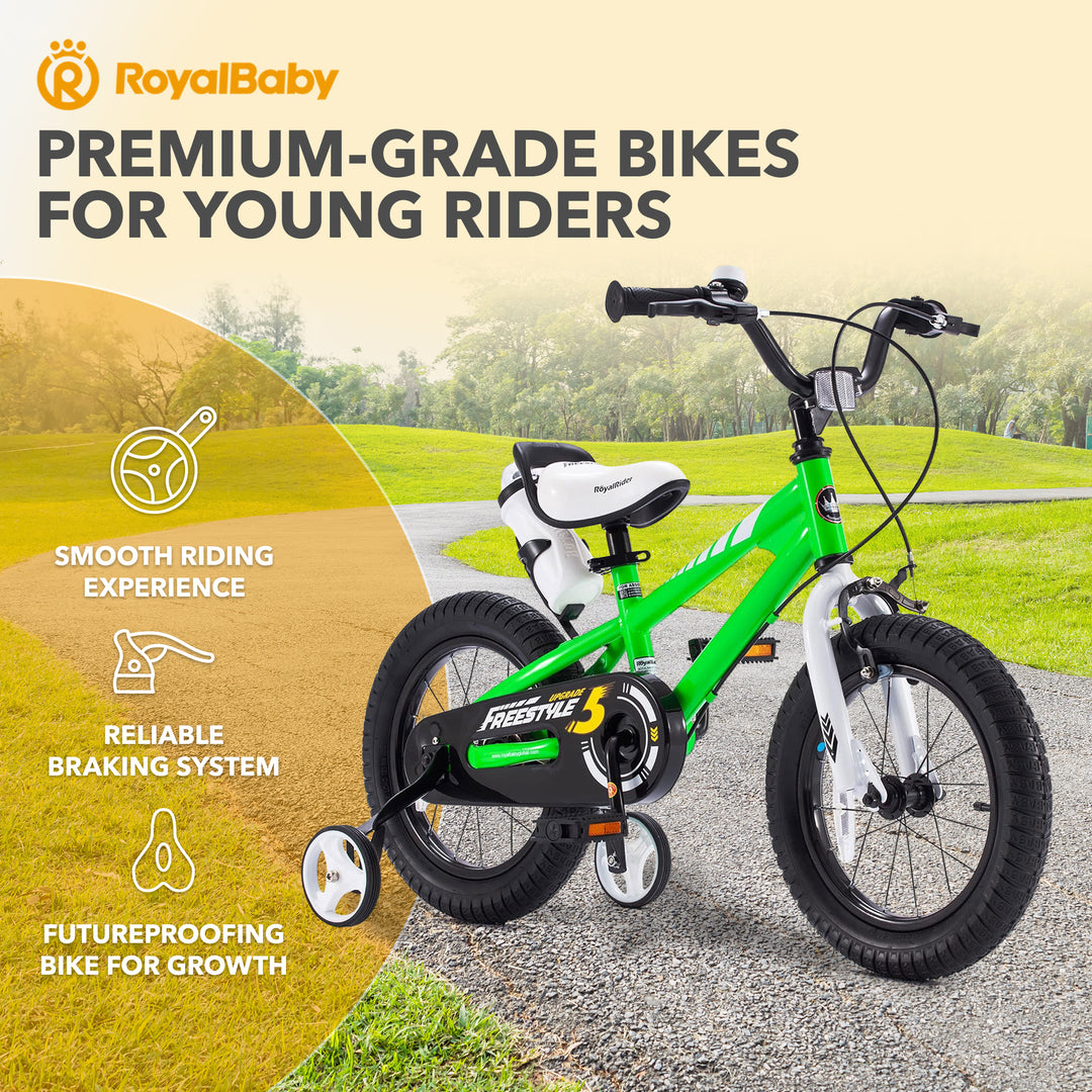 RoyalBaby Freestyle Kid's Bicycle w/Training Wheels, 14", Green (Open Box) - VMInnovations