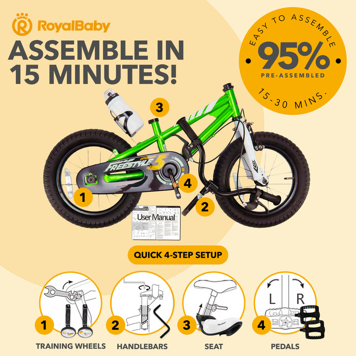 RoyalBaby Freestyle Outdoor Kid's Bicycle with Training Wheels, 12 Inch, Green - VMInnovations