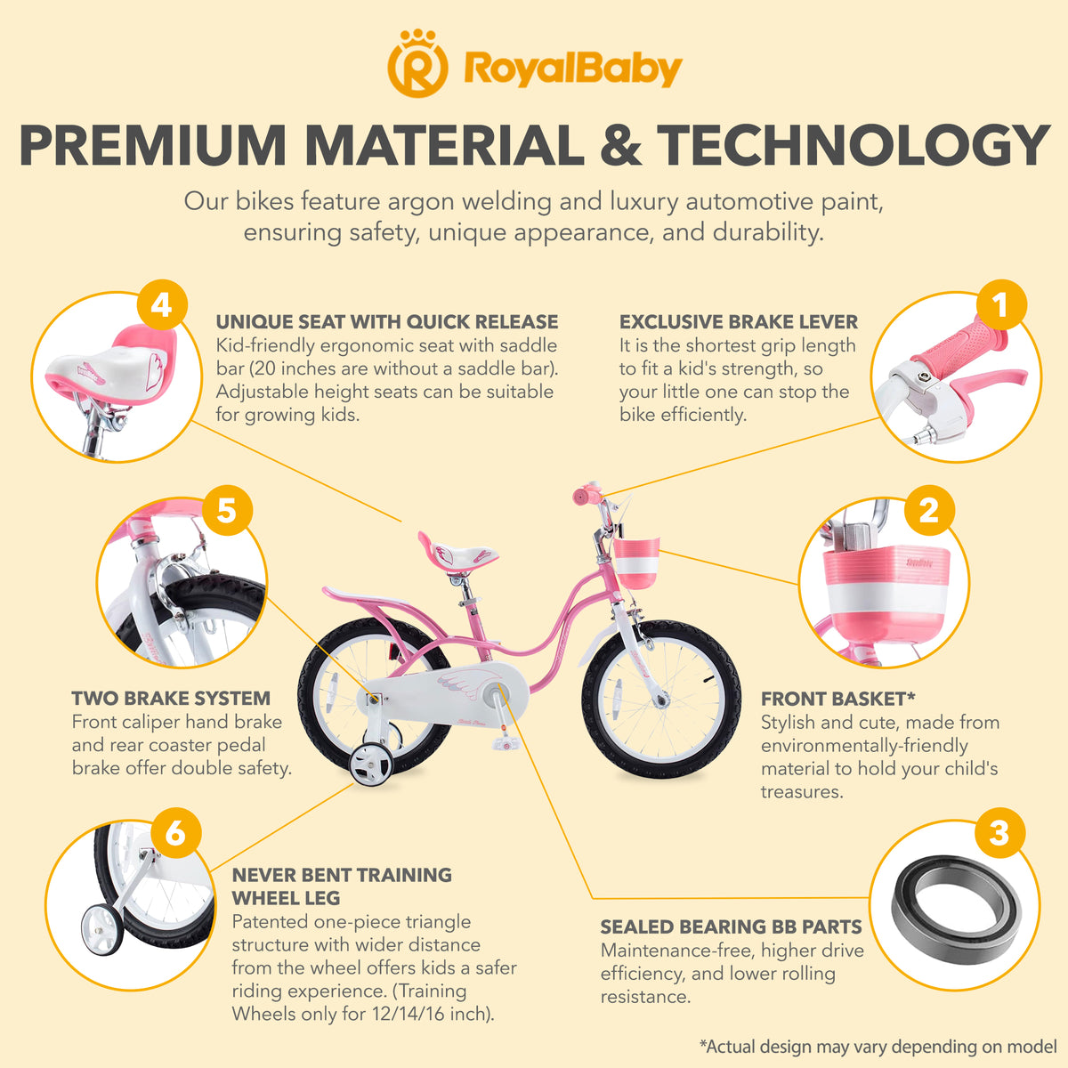 RoyalBaby Princess Girl Kids Bicycle 14" with Training Wheels, Swan/Classic Pink