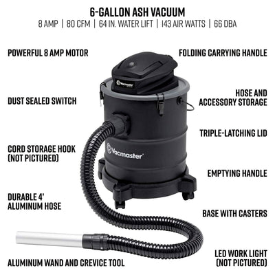 Vacmaster 6 Gallon 120 Volt Portable Corded Electric Ash Vacuum w/Wheels, Black