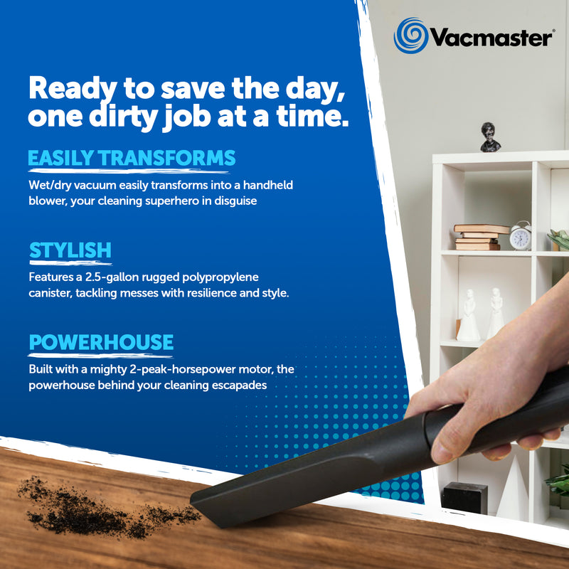 Vacmaster 2.5 Gal 2 HP Portable Wall Mount 2 in 1 Wet/Dry Vacuum & Attachments
