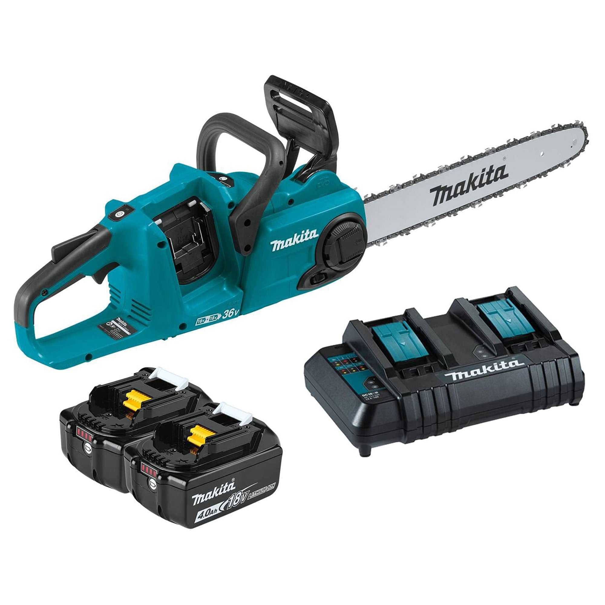 Makita LXT 36 Volt 16 Inch 4.0Ah Battery Powered Chainsaw Kit, Teal (Open Box) - VMInnovations