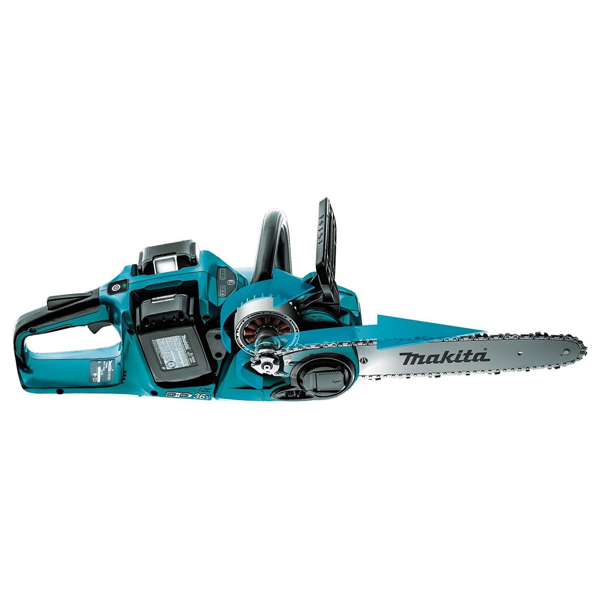 Makita LXT 36 Volt 16 Inch 4.0Ah Battery Powered Chainsaw Kit, Teal (Open Box) - VMInnovations