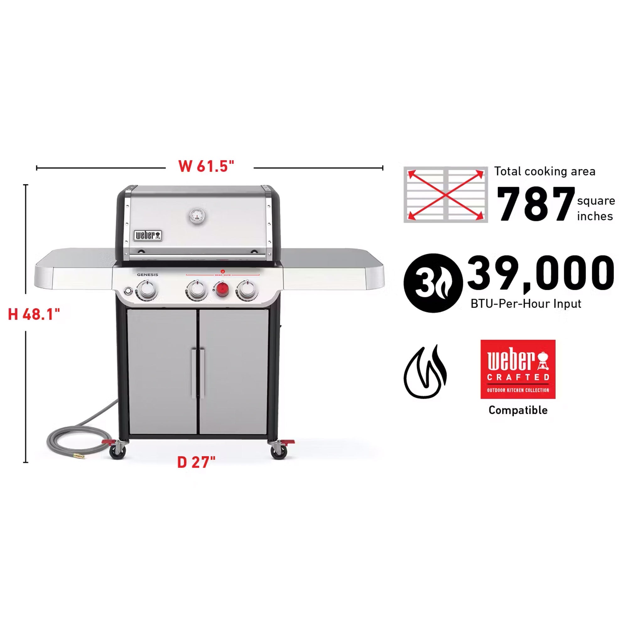 Weber Genesis S-325s Outdoor Stainless Steel 3 Burner Natural Gas Grill, Silver - VMInnovations