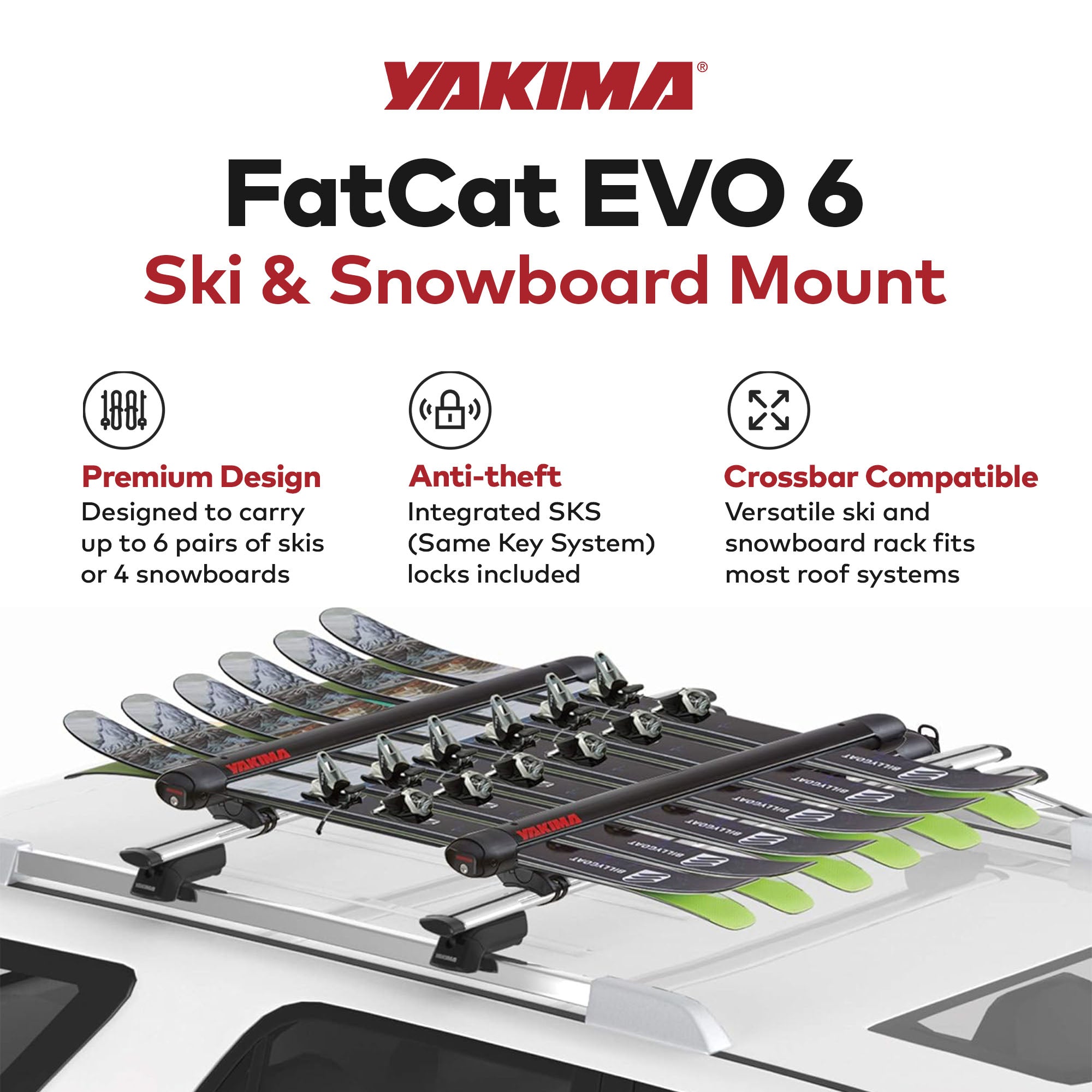 YAKIMA FatCat EVO 6, Ski or Snowboard Universal Mount Roof Rack, Black(Open Box)