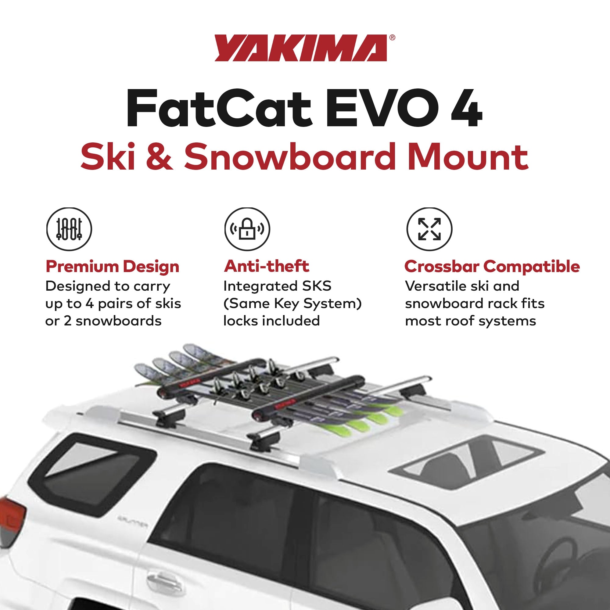 YAKIMA FatCat EVO 4 Skis/2 Snowboards Roof Rack, Fits T-Slot Crossbars(Open Box) - VMInnovations