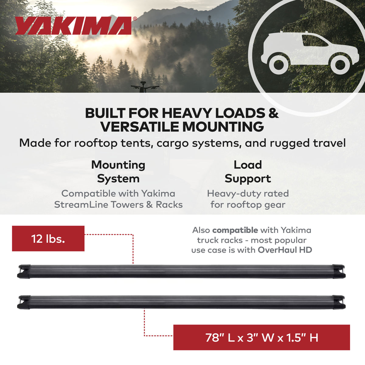 Yakima 78' Aluminum HD Crossbar, Works w/StreamLine Towers, Black(2pk)(Open Box)