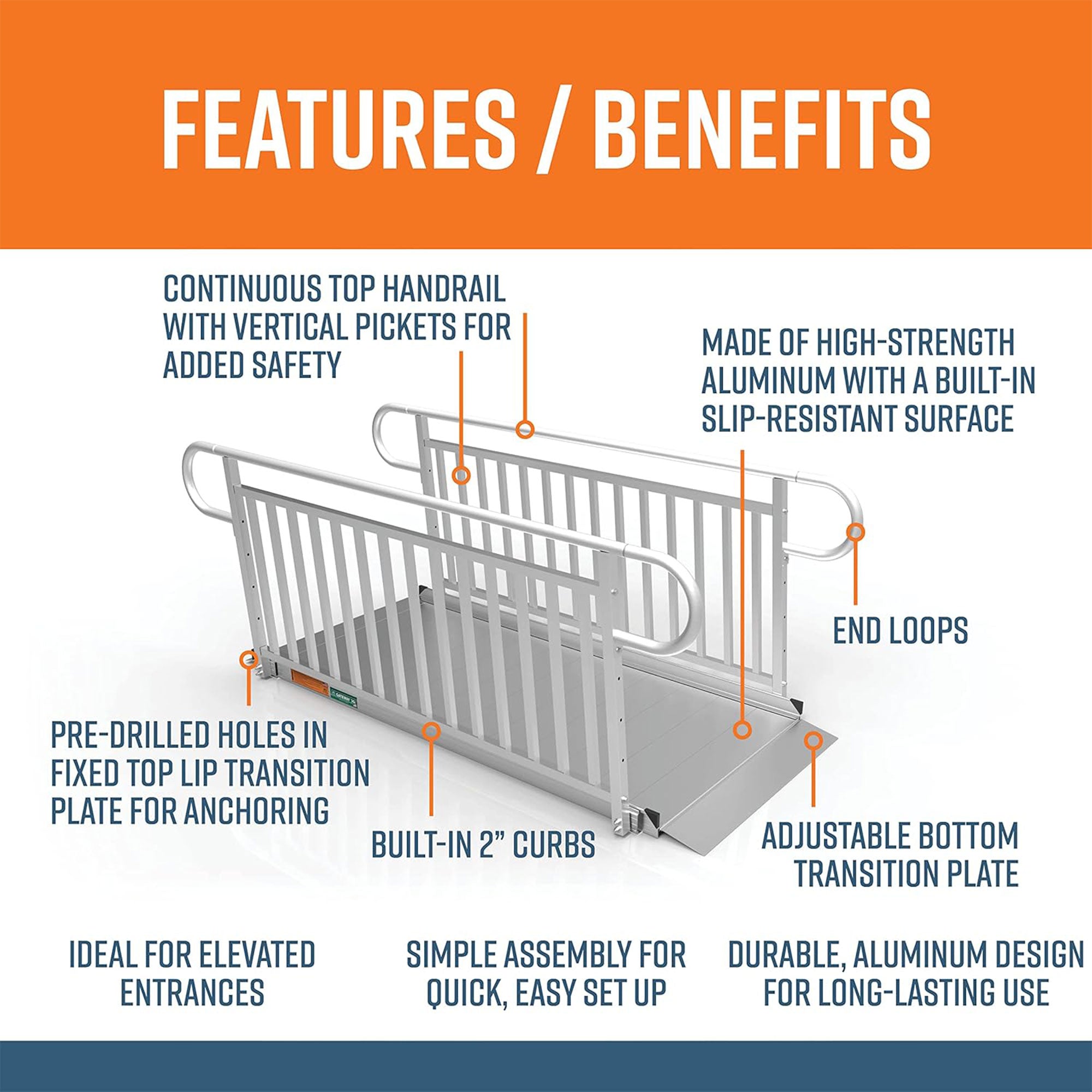 EZ-ACCESS GATEWAY 7" Portable Wheelchair Ramp w/Vertical Handrails (Open Box) - VMInnovations
