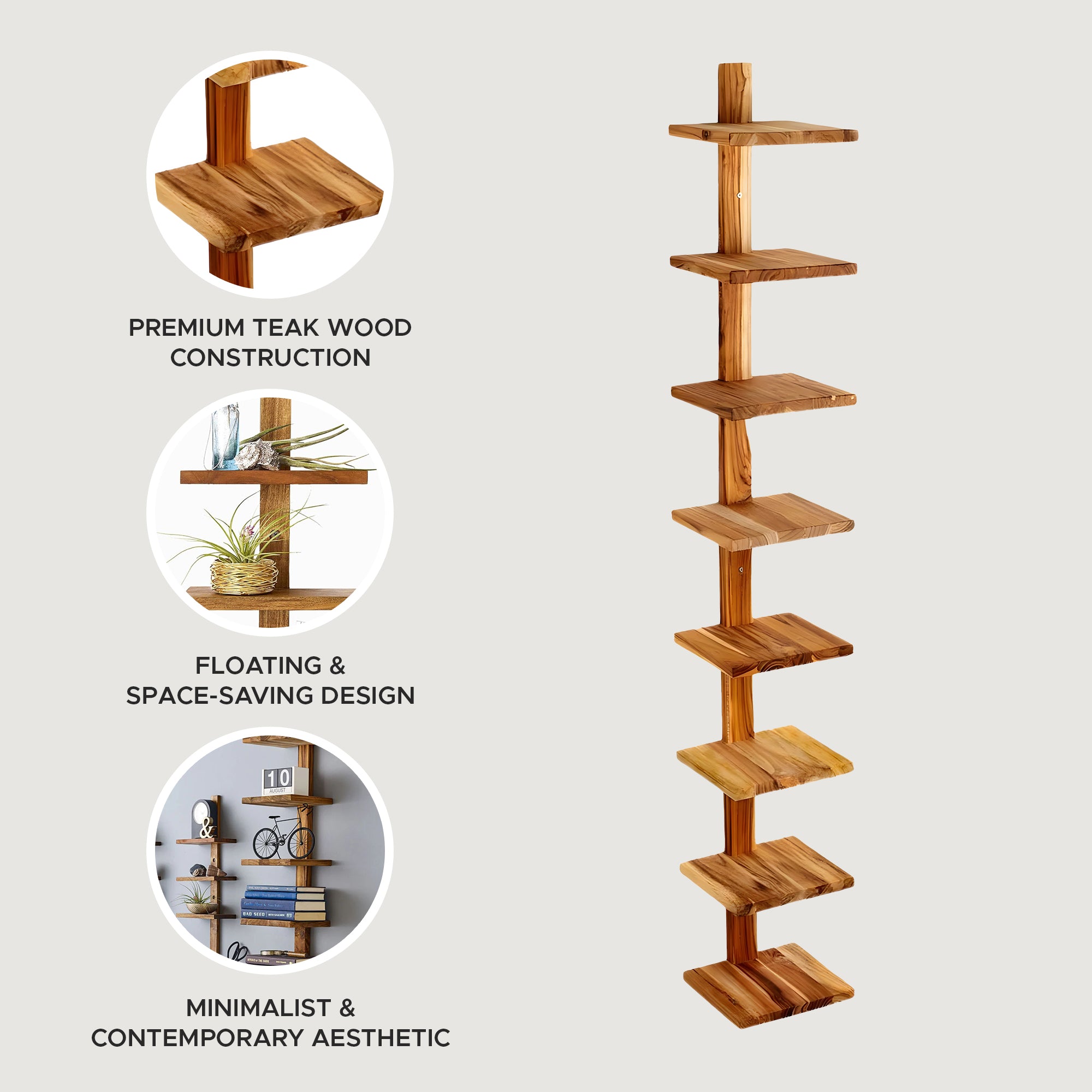 texxture 8 Shelf Floating Wall Shelves Column Shelving, Takara Large, Teak Wood - VMInnovations