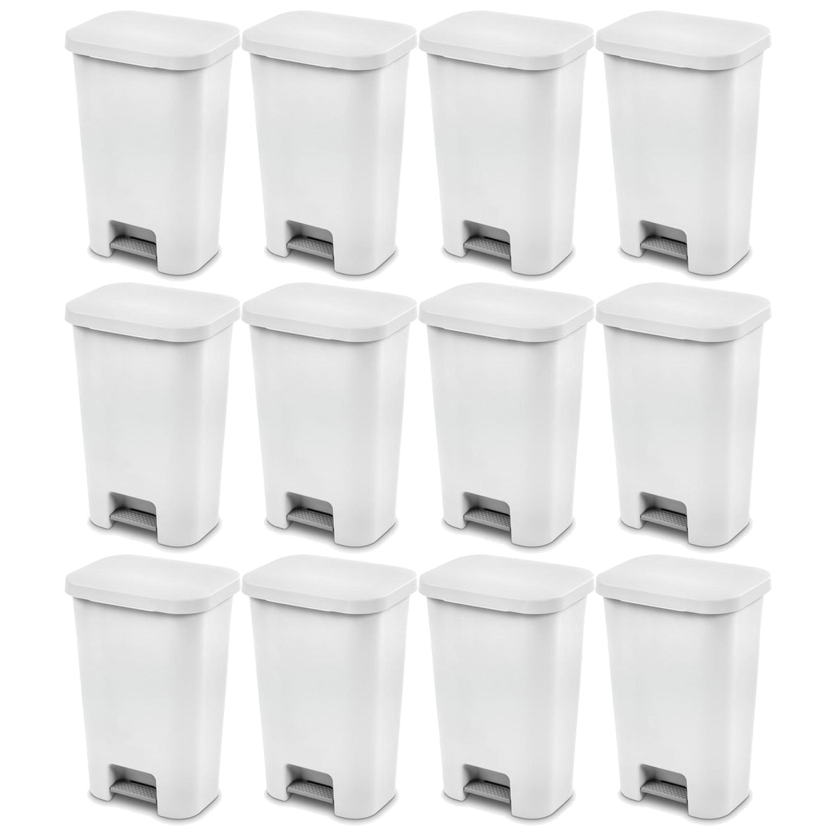 Sterilite 11.9 Gal Rectangle Step On Trash Kitchen Wastebasket, White (12 Pack)