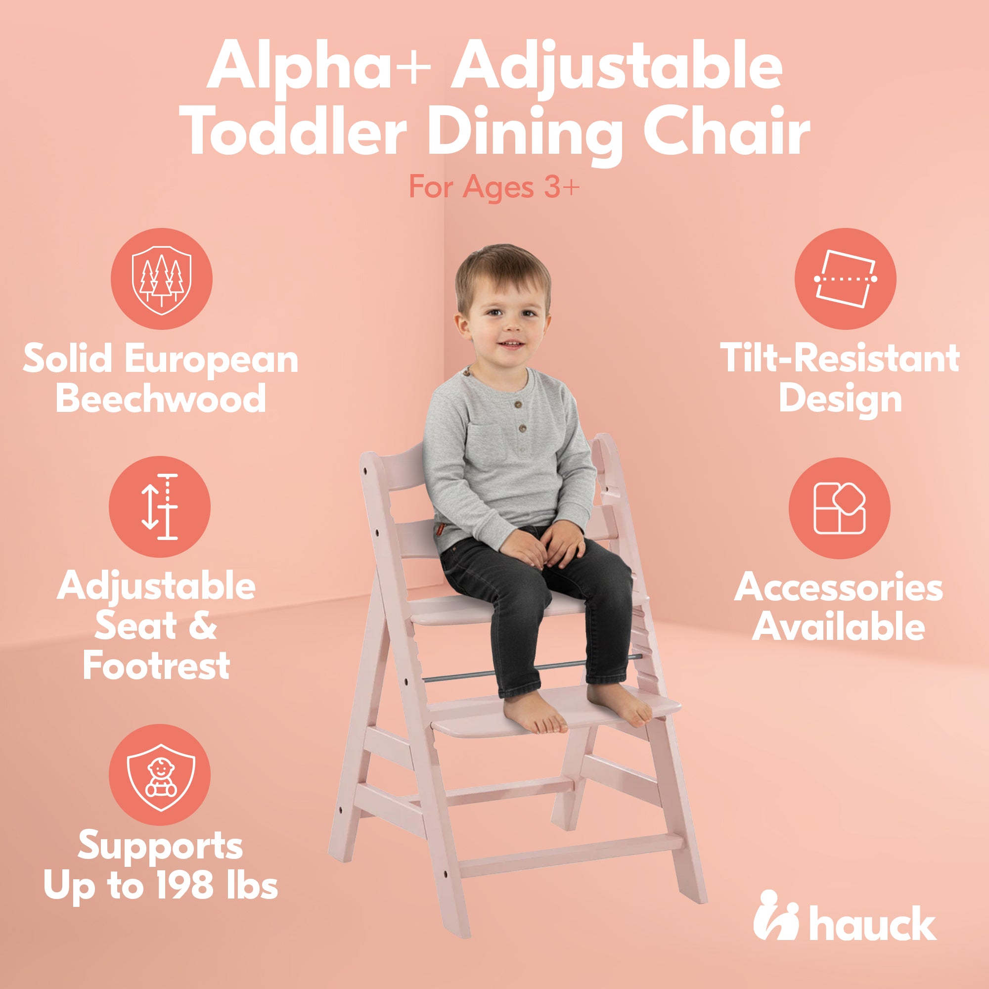 hauck Alpha+ Grow Along Wooden Highchair, Beechwood, Rose Finish (Open Box)