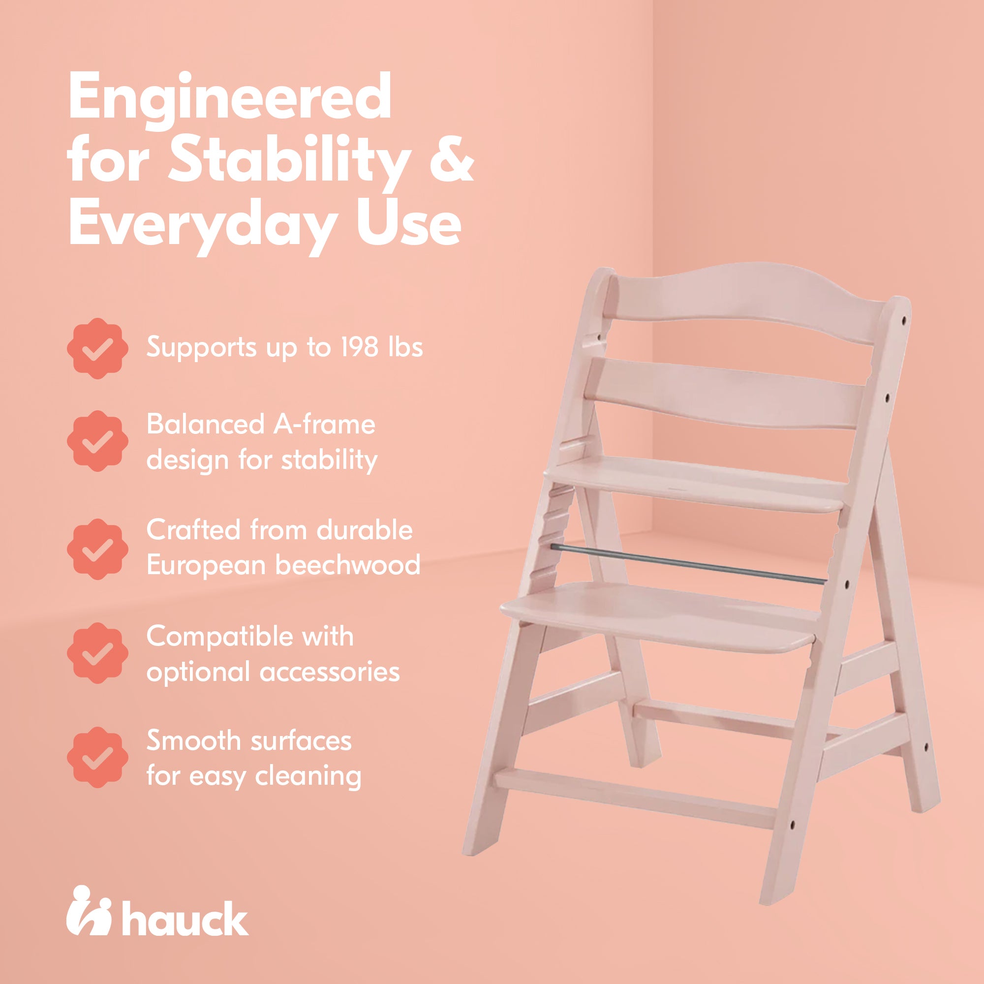 hauck Alpha+ Grow Along Wooden Highchair, Beechwood, Rose Finish (Open Box)
