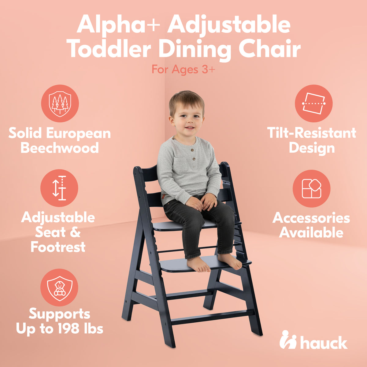 hauck Alpha+ Adjustable Wooden Highchair, Beechwood, Black Finish (Open Box)