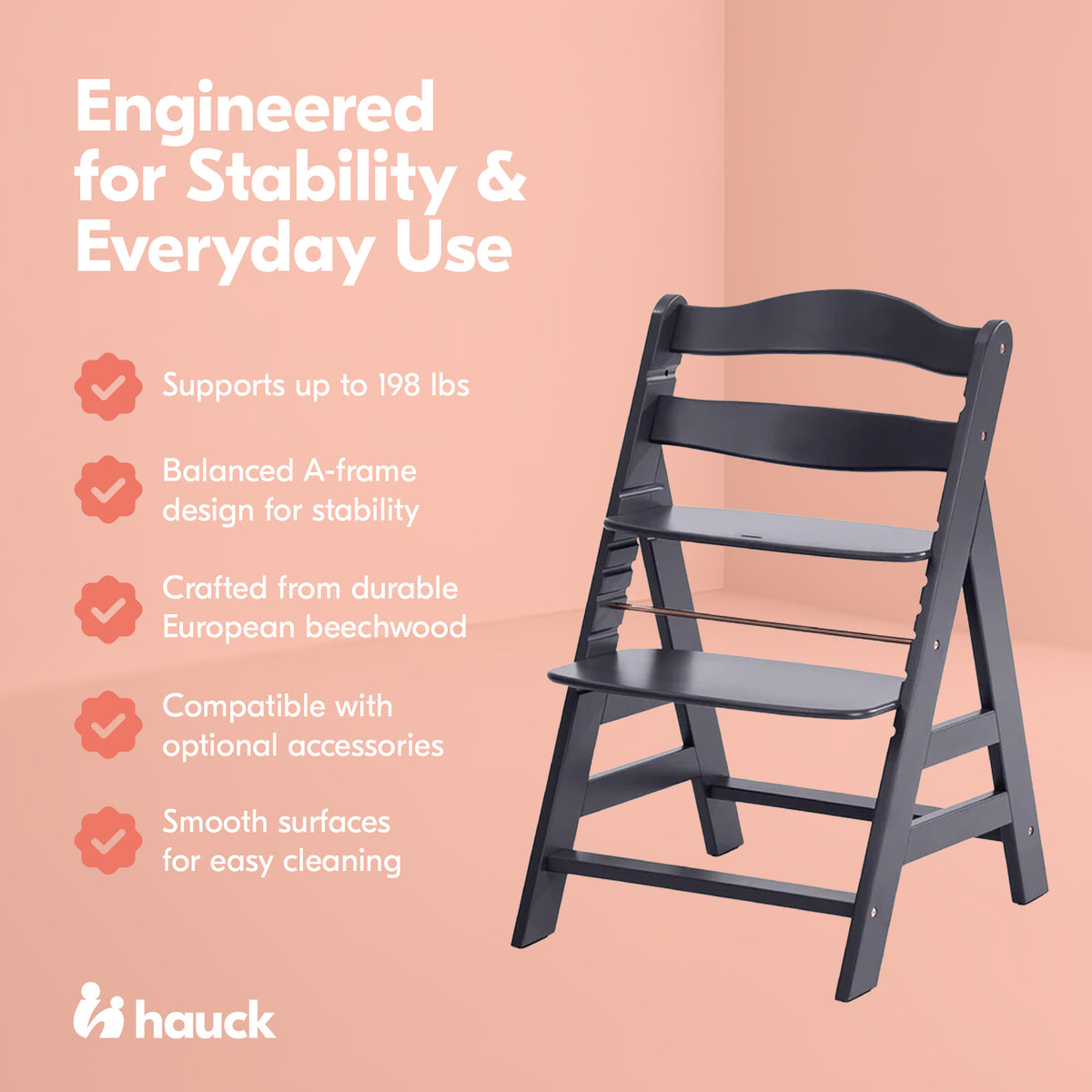 hauck Alpha+ Grow Along Adjustable Wooden Highchair, Beechwood, Dark Grey Finish (Open Box)