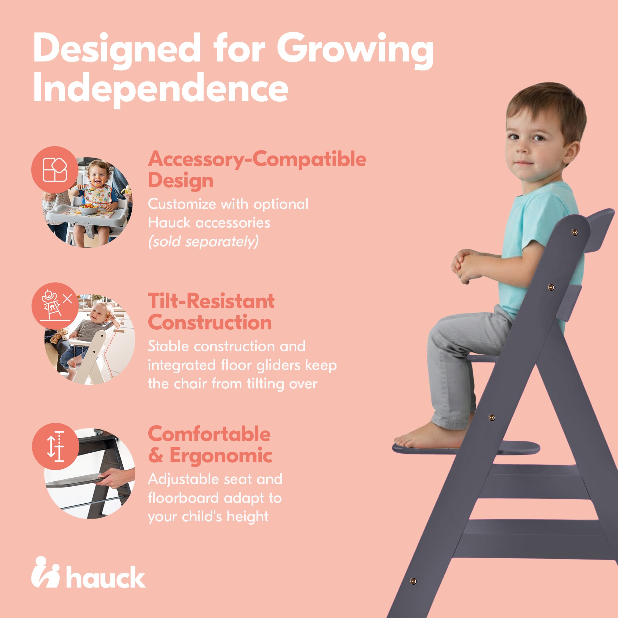hauck Alpha+ Grow Along Adjustable Wooden Highchair, Beechwood, Dark Grey Finish (Open Box)