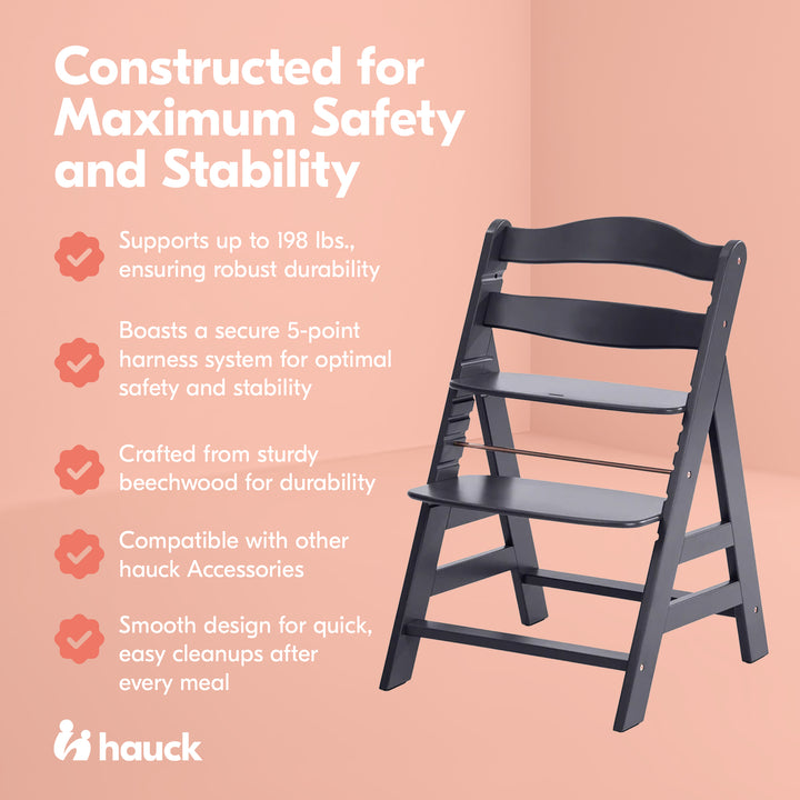 hauck Alpha+ Grow Along Adjustable Wooden Highchair, Beechwood, Dark Grey Finish - VMInnovations