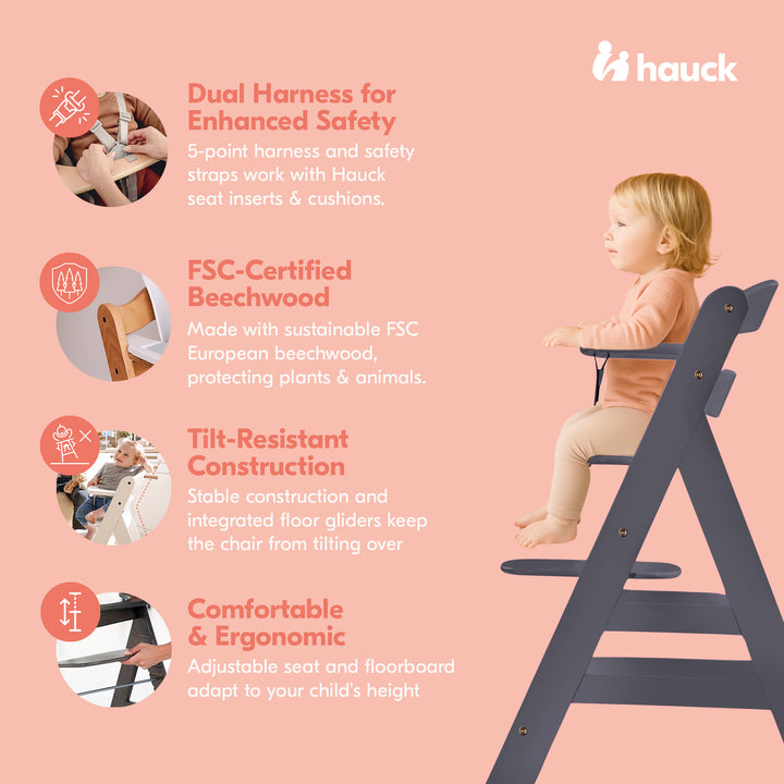 hauck Alpha+ Grow Along Adjustable Wooden Highchair, Beechwood, Dark Grey Finish - VMInnovations