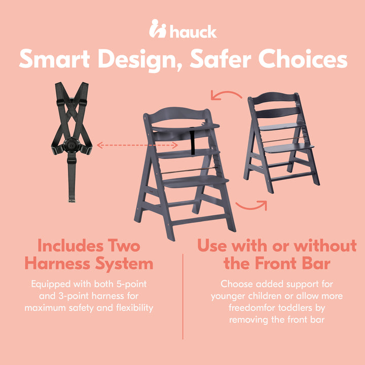 hauck Alpha+ Grow Along Adjustable Wooden Highchair, Beechwood, Dark Grey Finish - VMInnovations