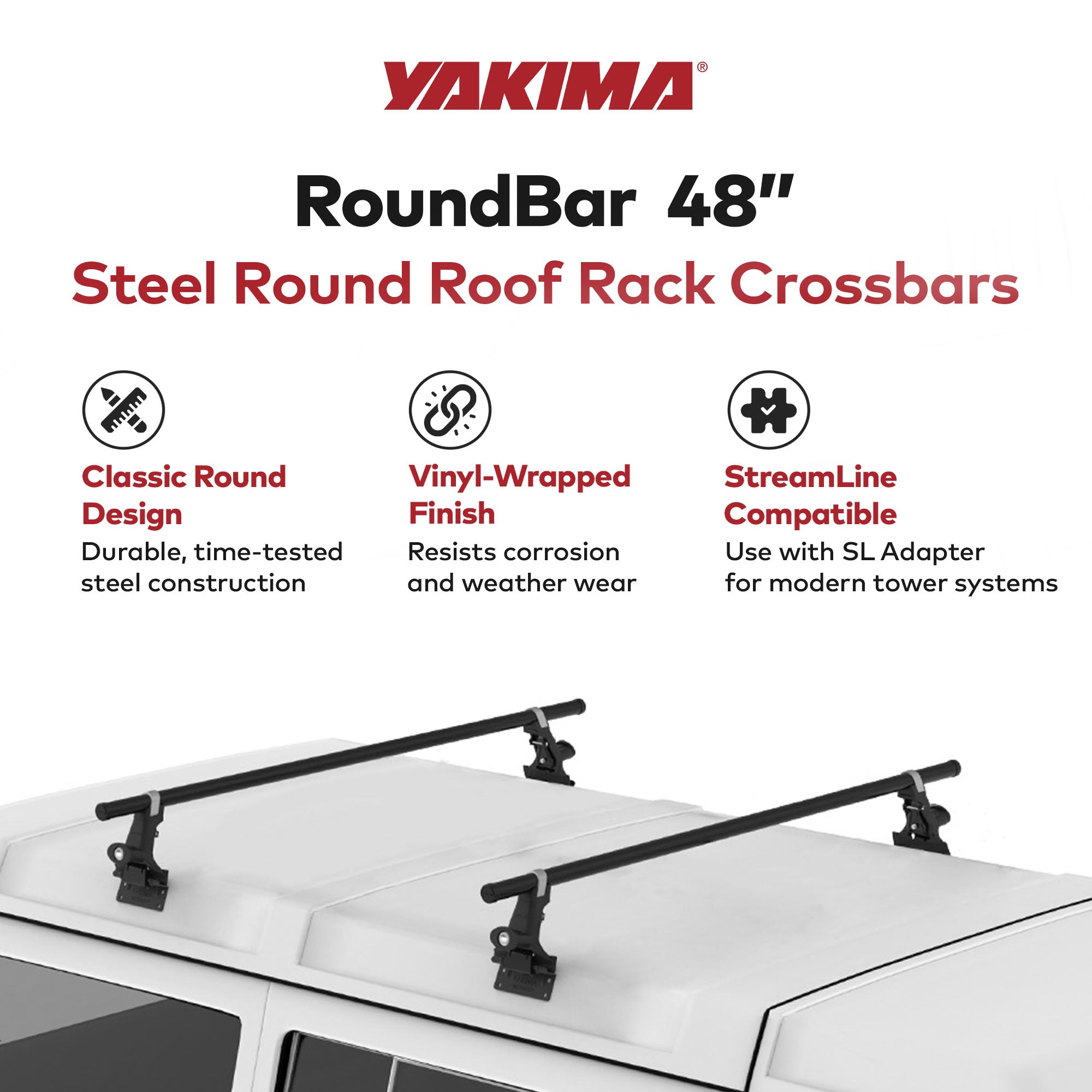 Yakima RoundBar Small 48” Steel Round Roof Rack System Crossbars, Set of 2 - VMInnovations