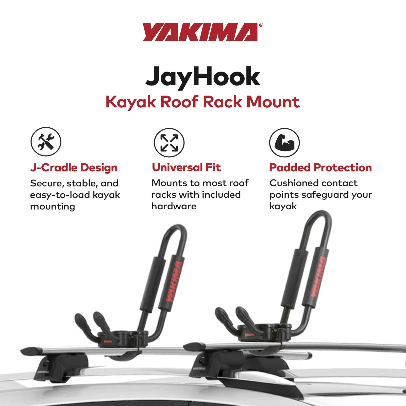 YAKIMA JayHook J-Cradle Rooftop 1 Kayak Mount, Roof Rack w/Padding & Tie Downs - VMInnovations