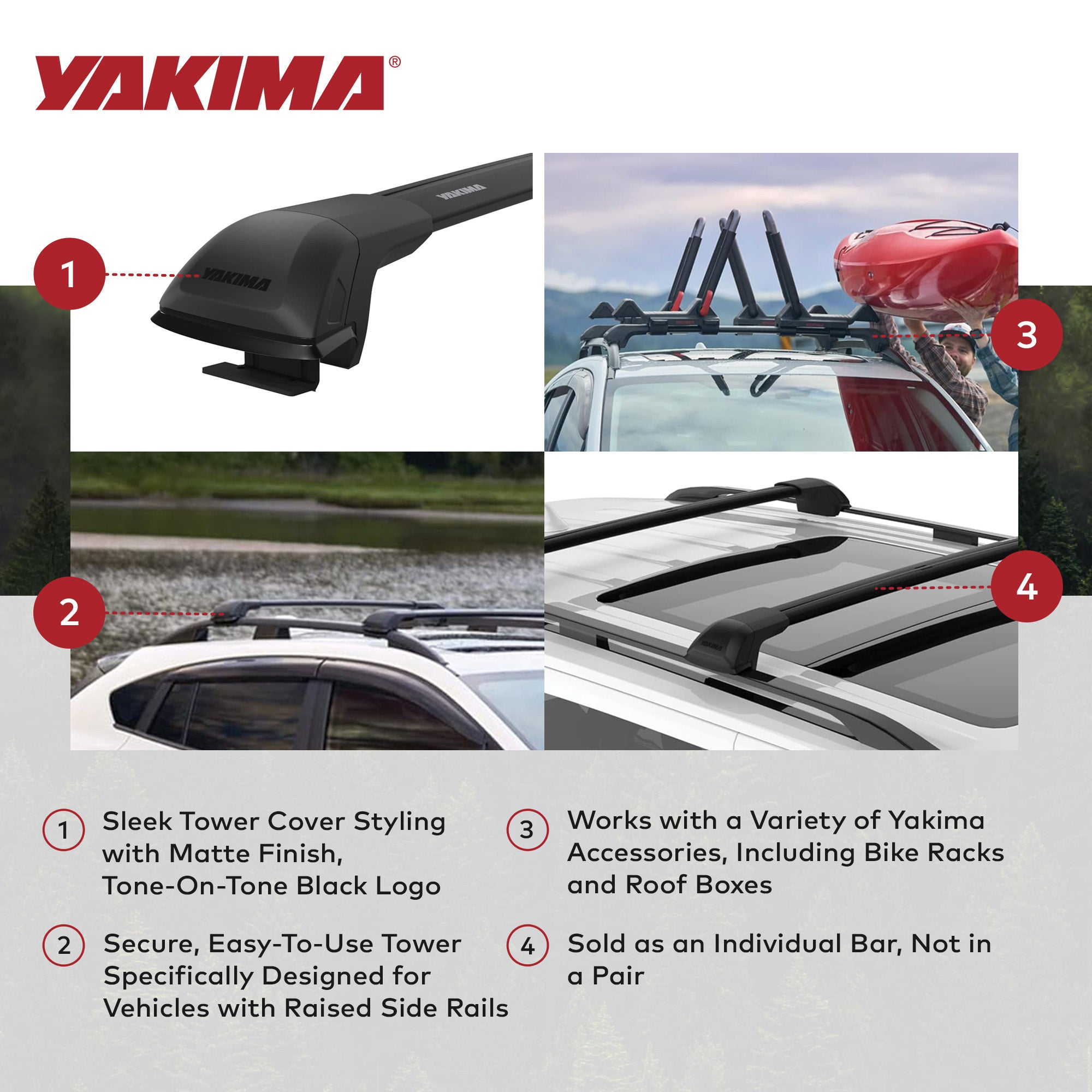 Yakima TimberLine FX SM Single Integrated Crossbar for Raised Rails, Matte Black - VMInnovations