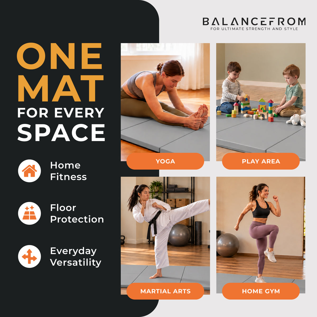 BalanceFrom 6x2ft Folding 3 Panel Exercise Mat w/Handles, Black (Open Box)