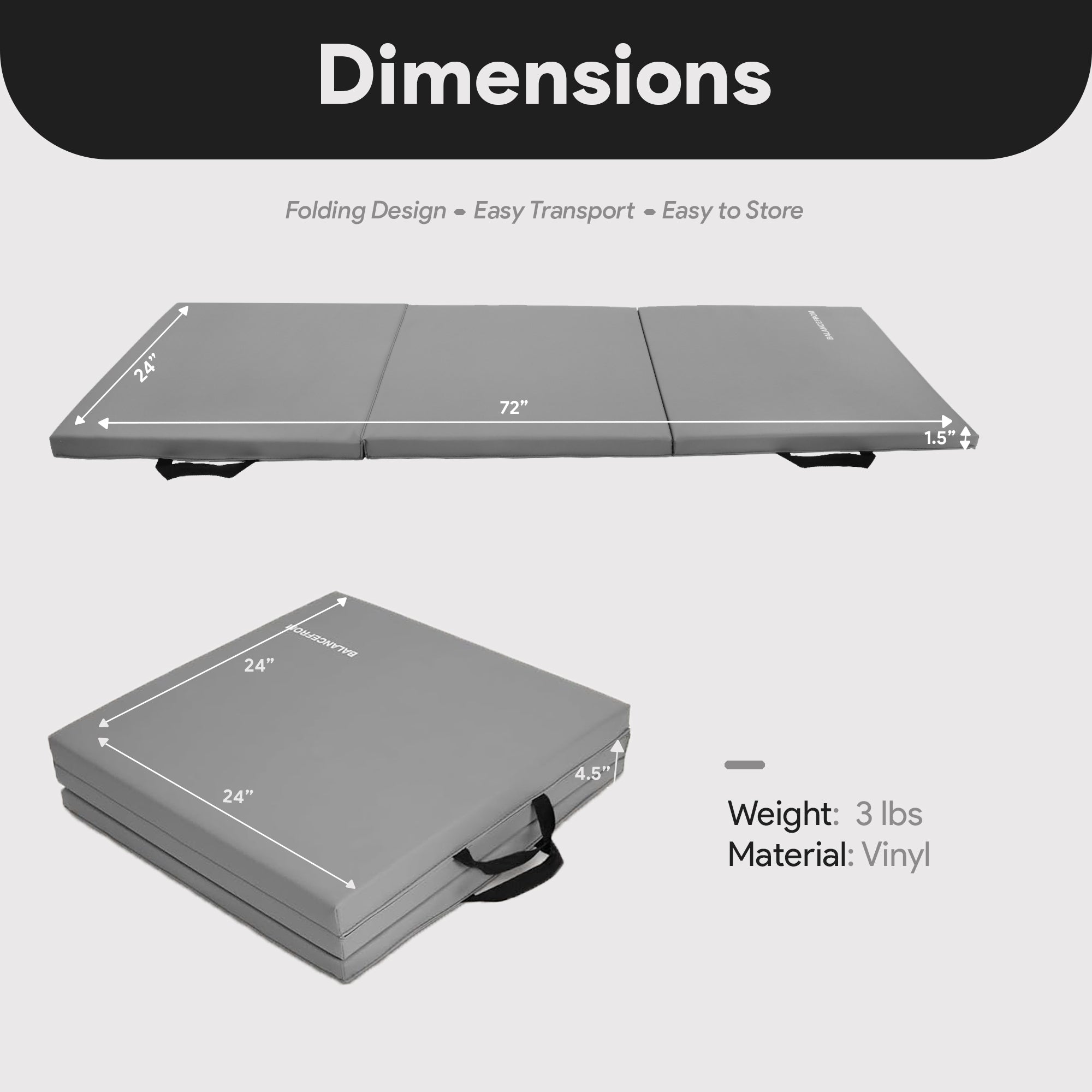 BalanceFrom GoGym 6 'x 2' x 1.5" Folding 3 Panel Exercise Gym Mat,Gray(Open Box) - VMInnovations