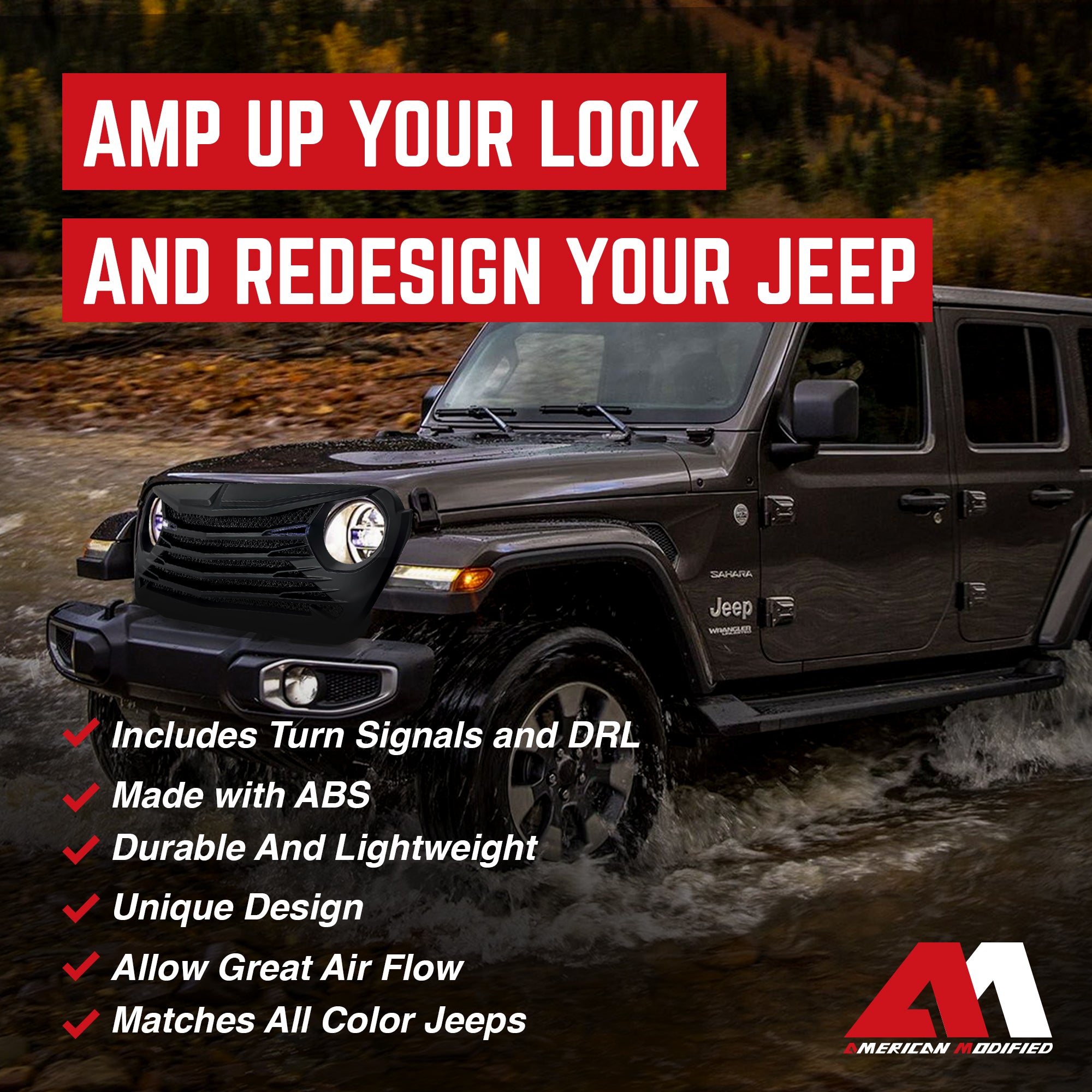 AMERICAN MODIFIED Front Grille w/DRL for 18-23 Jeep Wrangler/Gladiator(Open Box) - VMInnovations