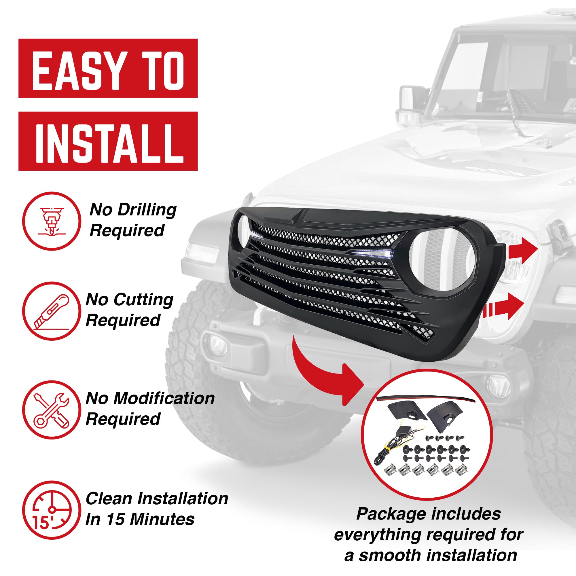 AMERICAN MODIFIED Front Grille w/DRL for 18-23 Jeep Wrangler/Gladiator(Open Box) - VMInnovations
