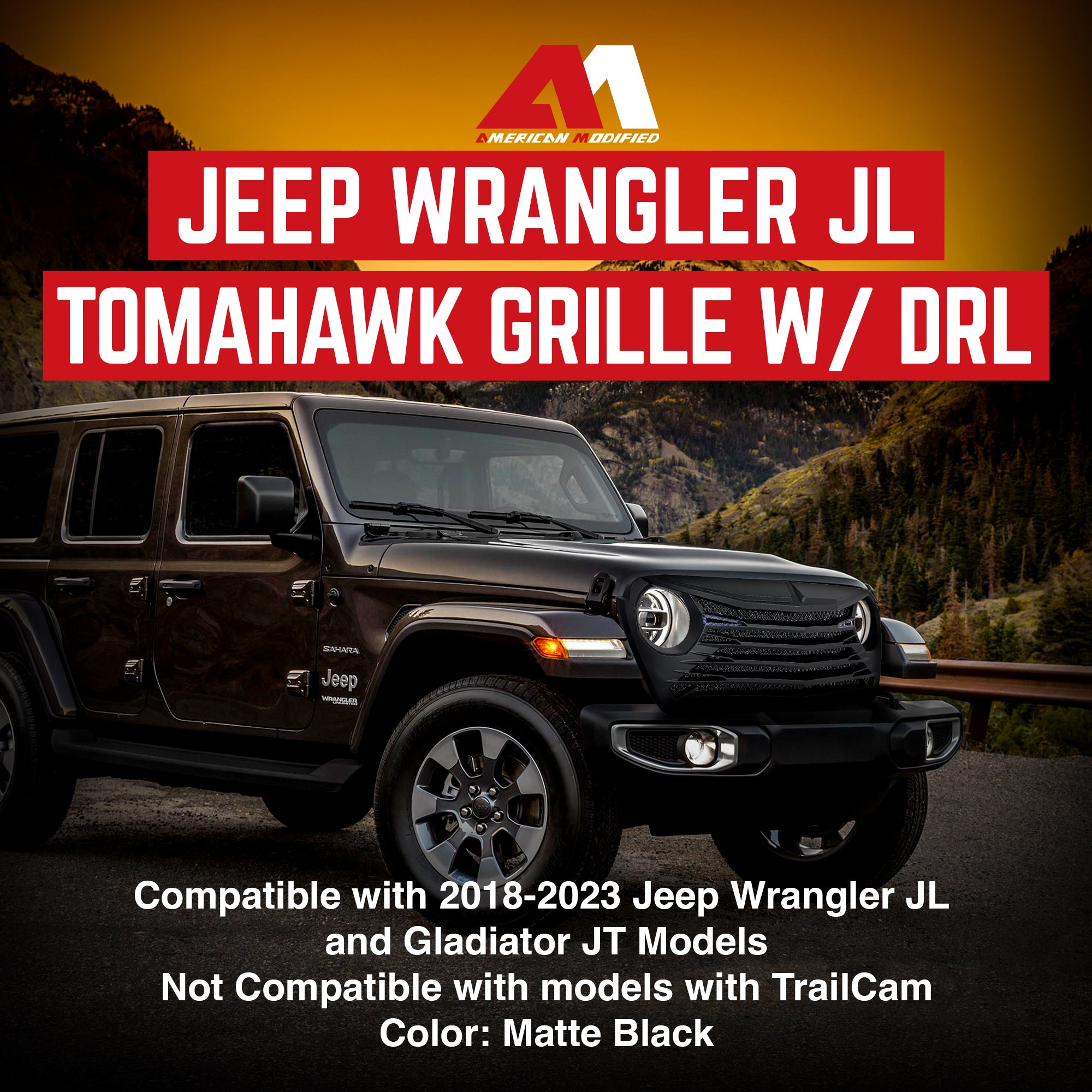 AMERICAN MODIFIED Tomahawk Front Grille w/DRL for 18-23 Jeep Wrangler/Gladiator - VMInnovations