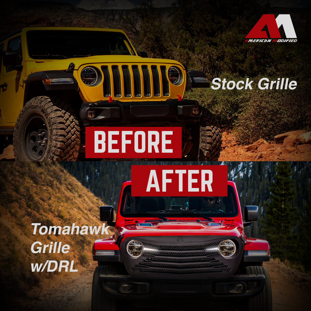 AMERICAN MODIFIED Tomahawk Front Grille w/DRL for 18-23 Jeep Wrangler/Gladiator - VMInnovations