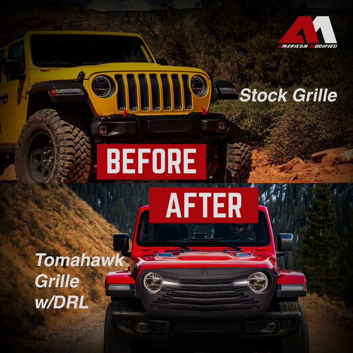 AMERICAN MODIFIED Tomahawk Front Grille w/DRL for 18-23 Jeep Wrangler/Gladiator - VMInnovations