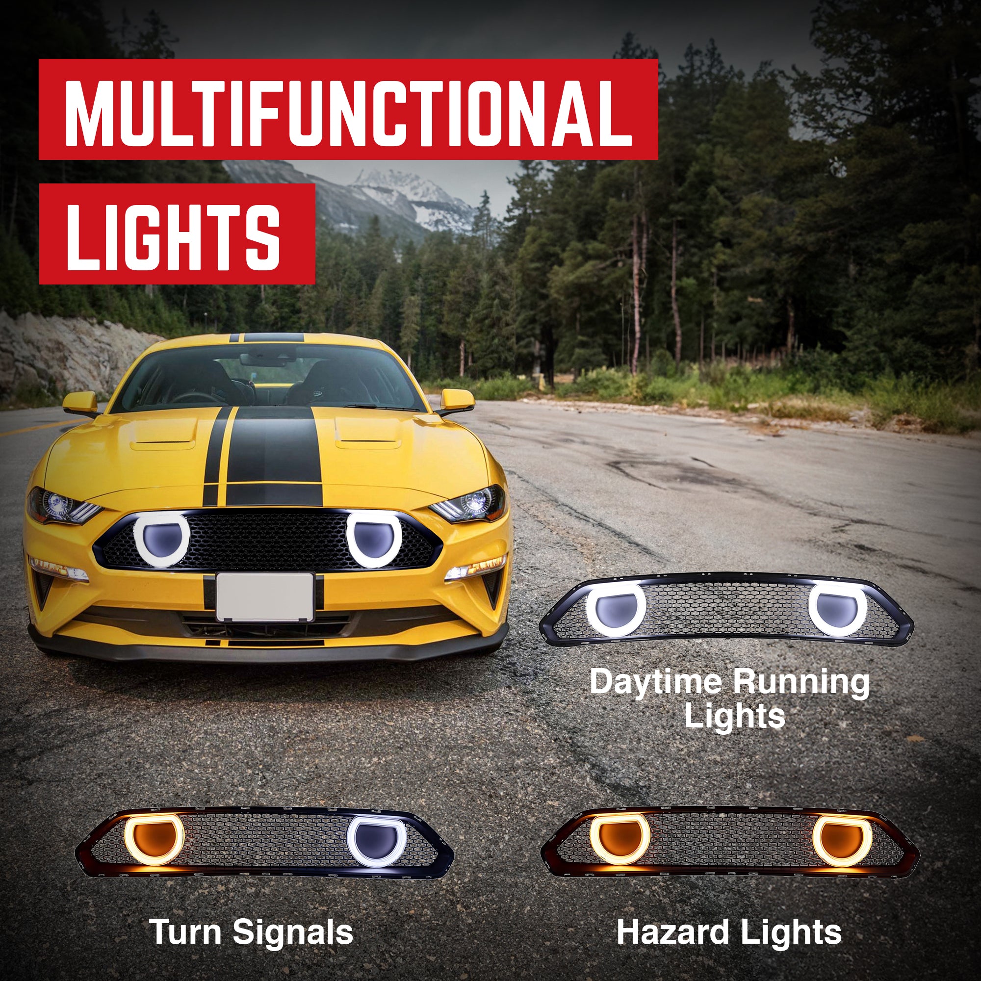 AMERICAN MODIFIED Mach 1 Front Upper Grille w/DRL LED for 2018-2023 Ford Mustang - VMInnovations