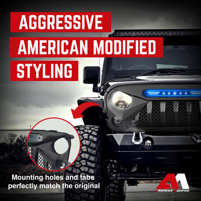 AMERICAN MODIFIED Gladiator Front Grille w/Red Lights for 07-18 Jeep Wrangler JK