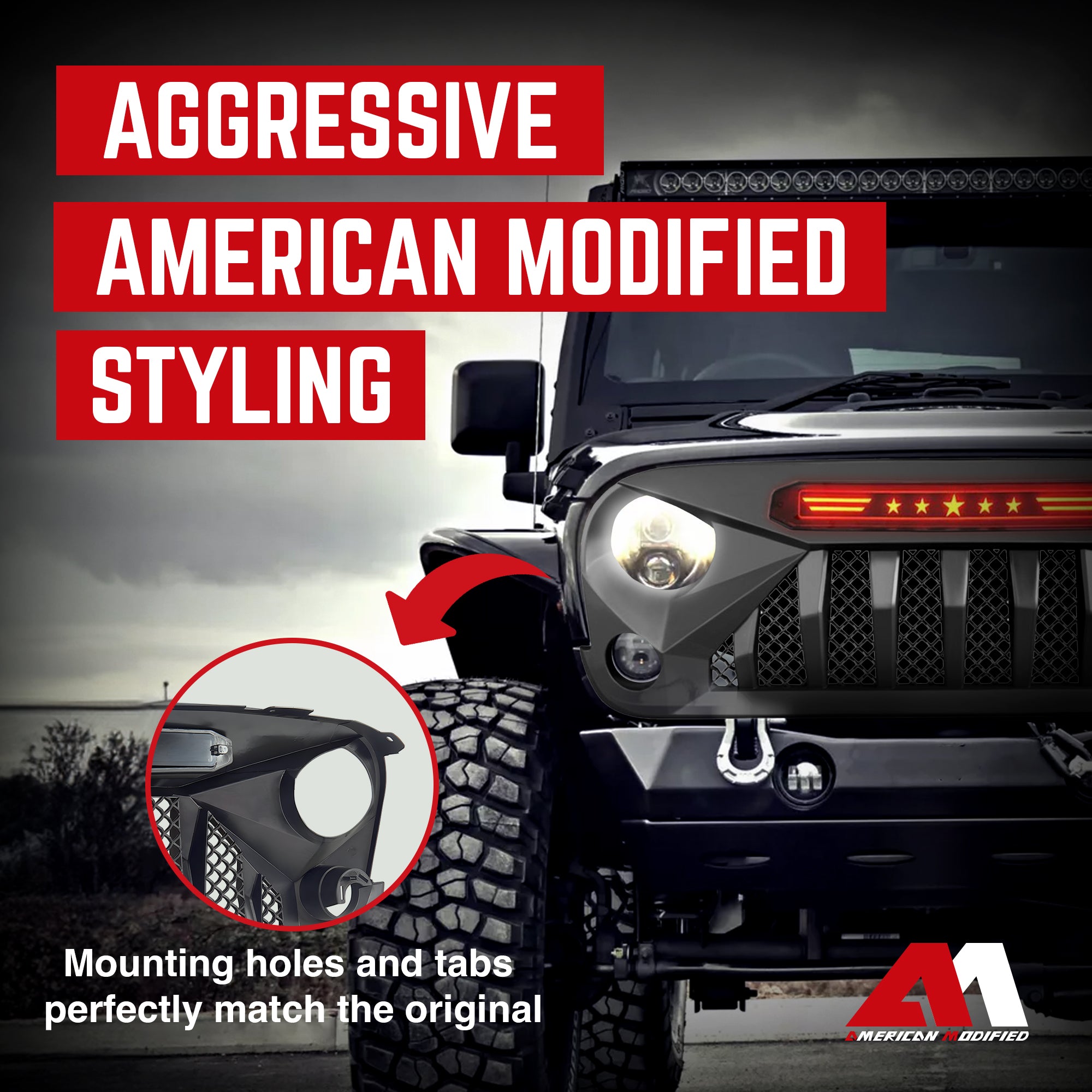AMERICAN MODIFIED Gladiator Grille w/Red Lights 07-18 Jeep Wrangler(Open Box) - VMInnovations