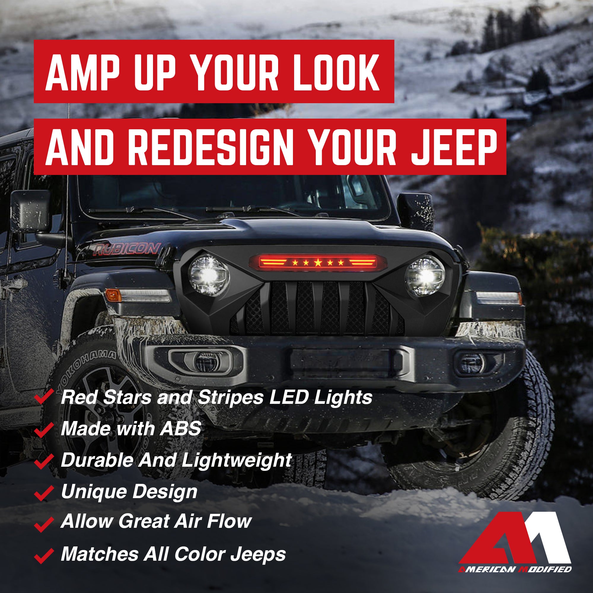 AMERICAN MODIFIED Grille w/Red Lights for 18-21 Jeep Wrangler/Gladiator (Used) - VMInnovations