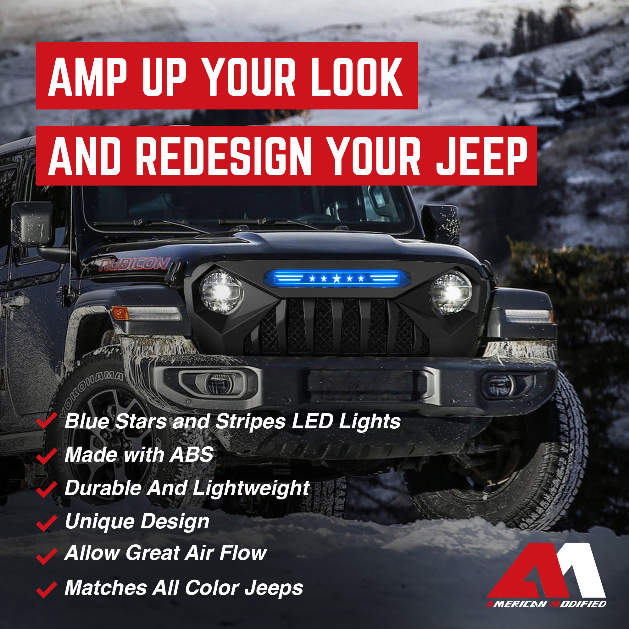AMERICAN MODIFIED Grille w/Lights for 18-21 Jeep Wrangler/Gladiator (Open Box) - VMInnovations