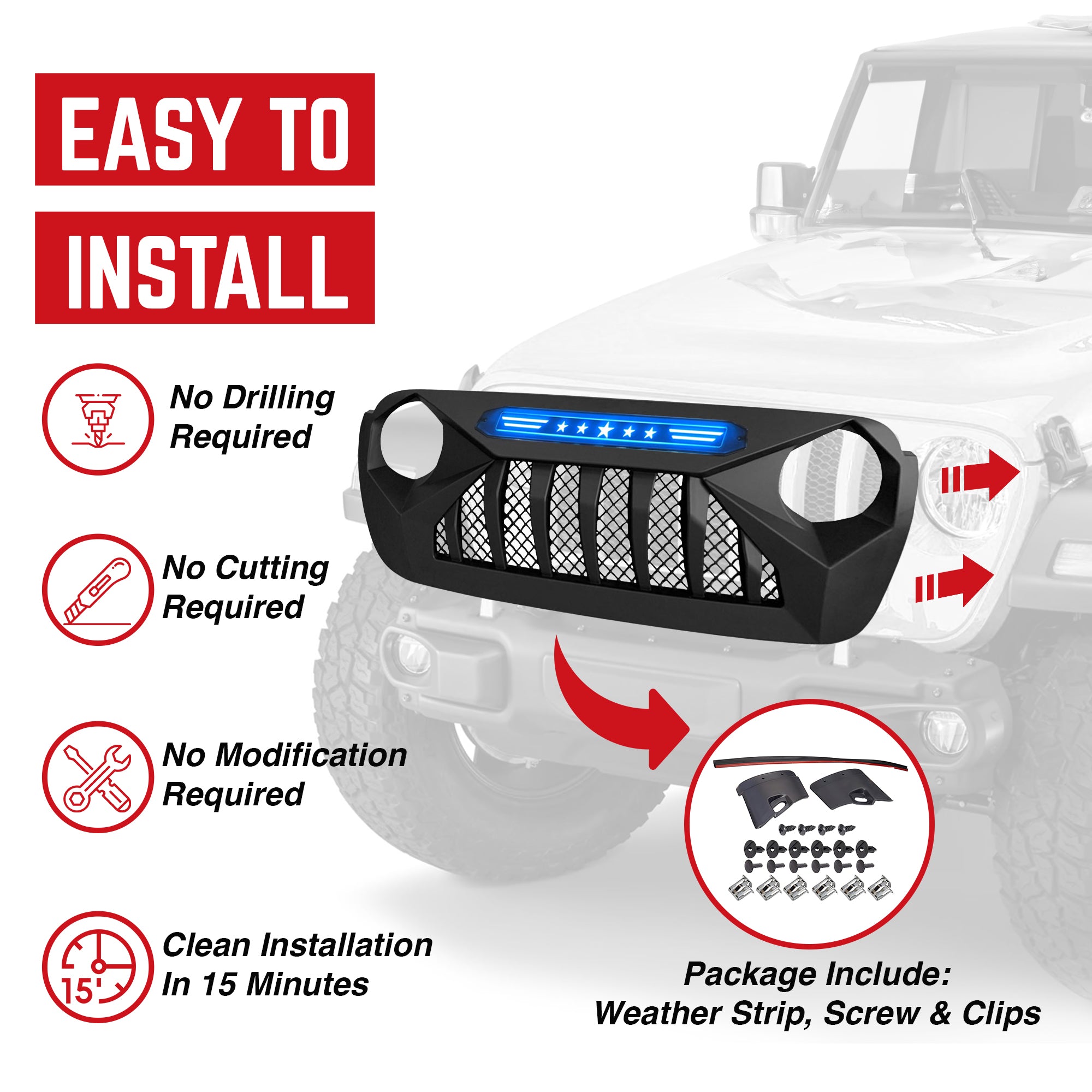 AMERICAN MODIFIED Grille w/Blue Lights for 18-21 Jeep Wrangler/Gladiator (Used) - VMInnovations