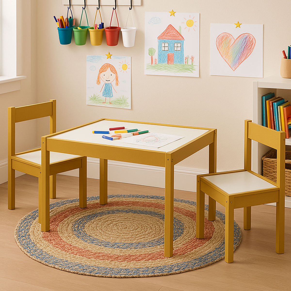 PJ Wood 3 Piece Table & Chairs Set with Natural Finish & Dry Erase Surface(Used)