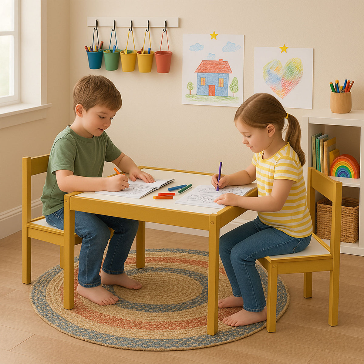 PJ Wood 3 Piece Table & Chairs Set with Natural Finish & Dry Erase Surface(Used)