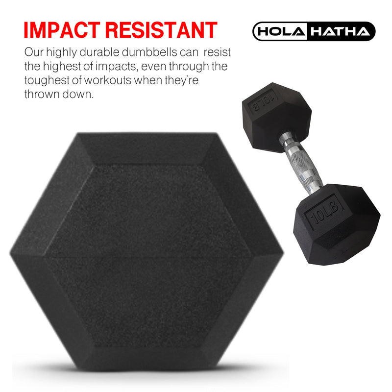 HolaHatha 5, 10, 15, 20 & 25 Pound Hexagonal Dumbbell Weight Set w/Rack, Black