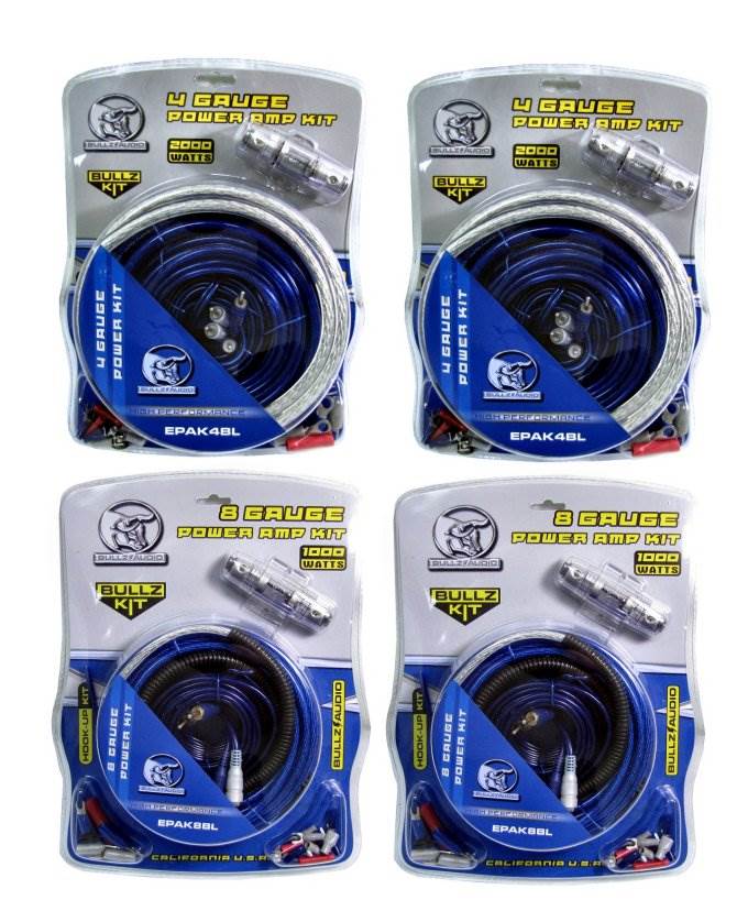 (2) BULLZ AUDIO EPAK4BL 4 Gauge Amp Wiring Kits + (2) 8 Gauge EPAK8BL Amp Kits