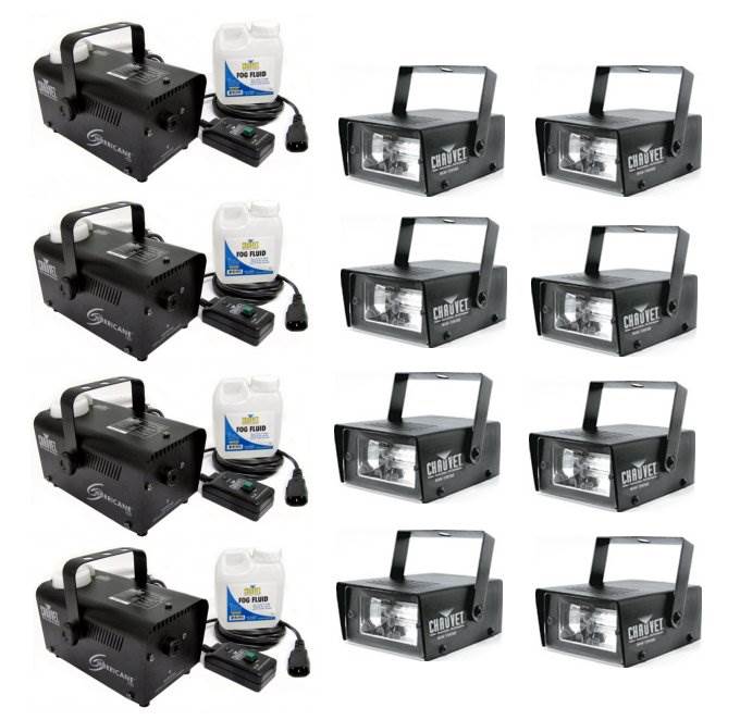 4 CHAUVET Hurricane H700 Fog/Smoke Machines H-700 + 8 CH-730 Mini Strobe Lights